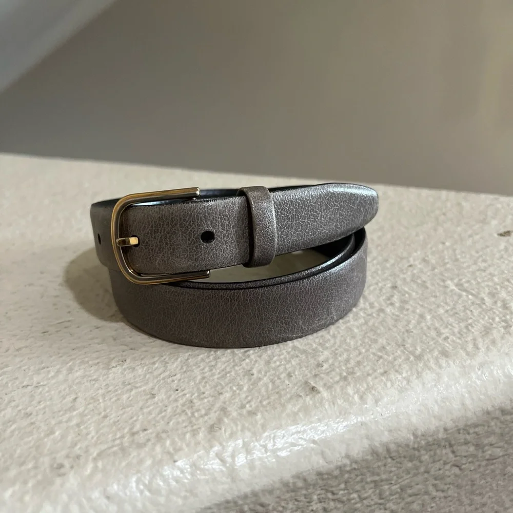VNTG buffalo grain cowhide Women Waist Slim belt Gray‎ Leather Brass Buckle Sz M